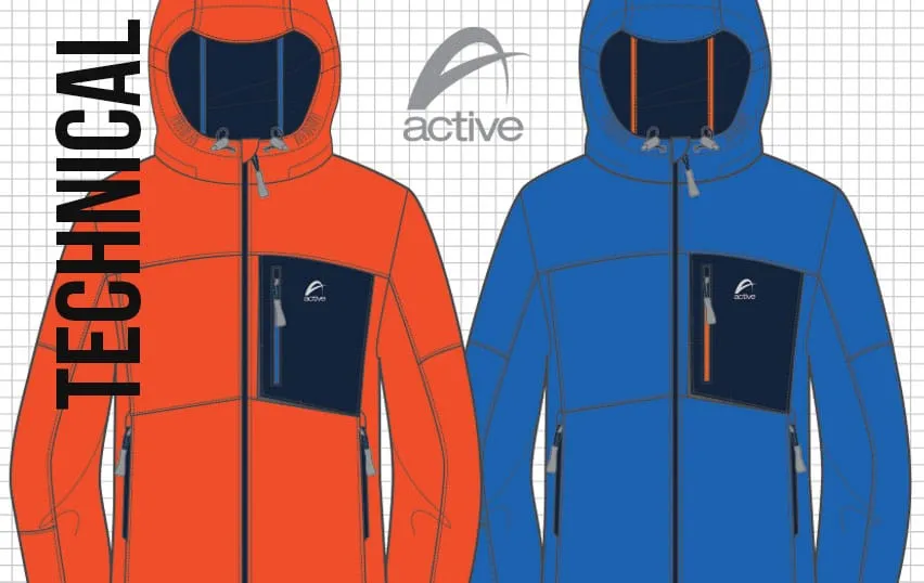 Technical: orange and blue hooded jacket designs